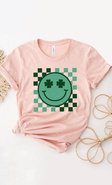 Checkered Clover Smiley St Patricks Graphic Tee