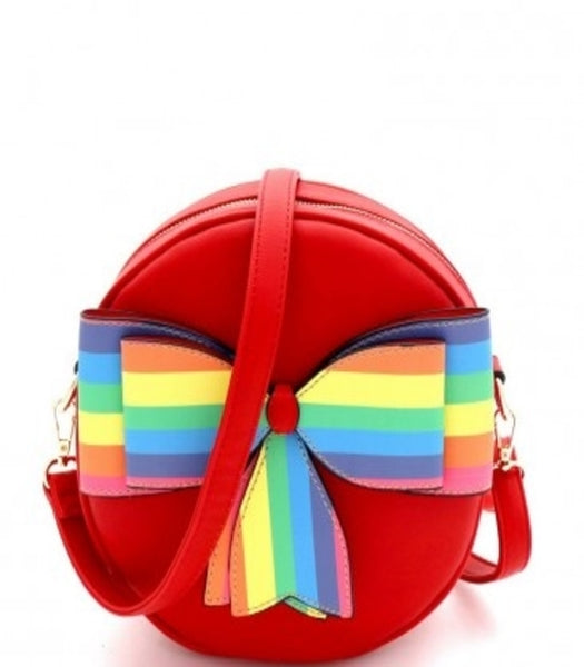 Red Multi-Colored Striped Bow Round Shoulder Bag